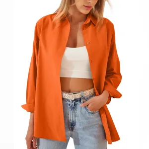 Donna Casual Largo Maniche Lunghe Arancione Camicia Bottoni Colore Caramella Top