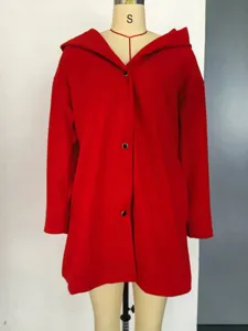 Detail view of a red solid color hooded casual jacket, featuring button closure and long sleeves.
