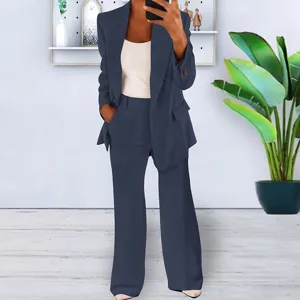 Women's solid color slim blazer and pants two-piece suit set for elegant autumn wear.