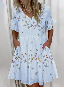 Women's V-neck short sleeve printed tiered swing dress with pockets casual daily wear