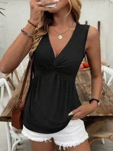 Women v neck sleeveless tank top solid color twist front casual summer daily wear shirt