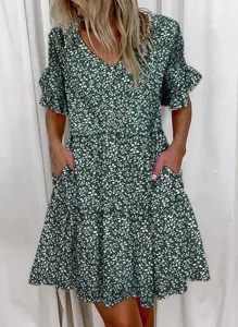 Women summer green floral v-neck dress short ruffle sleeve casual tiered pocket dress