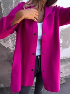 Women's casual solid color magenta long sleeve snap button jacket coat outdoor street style