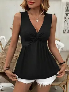 Sleeveless V-neck twist front peplum tank top detail, elegant casual summer fashion style.