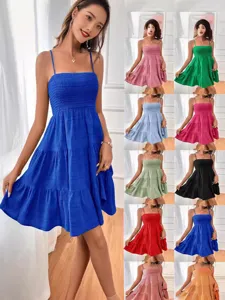 Women's Summer Casual One-Shoulder Spaghetti Strap Solid Color Textured Smocked Tiered Mini Dress Beach Party Dress