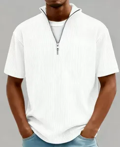 Detailed view of white ribbed half-zip short sleeve t-shirt, showing texture and collar.