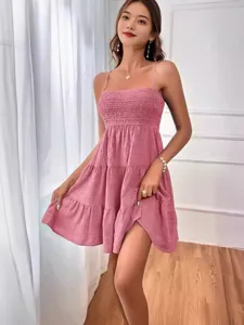 Stylish pink spaghetti strap smocked tiered mini dress for women summer casual wear
