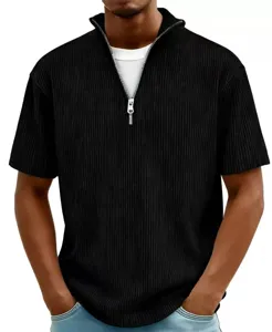 Men casual half zip ribbed short sleeve t shirt solid color slim fit summer knit top