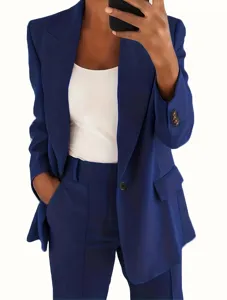 Women royal blue blazer suit set slim cardigan trousers and white inner top for spring.