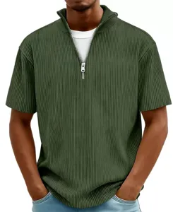 Men's green short sleeve knit t-shirt with half zipper collar and stylish vertical stripes.