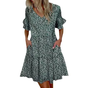 Women V-Neck Floral Print Short Sleeve Tiered Dress Casual Summer Dress Main View Fashion