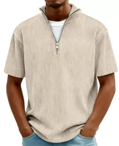 Men's khaki ribbed knit short sleeve half zip polo t-shirt casual summer top wear.