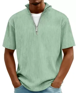 Men's casual half-zip ribbed short sleeve t-shirt, solid color light green summer top.