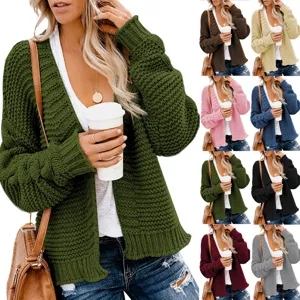 Women's Casual Solid Color Long Sleeve V-Neck Open Front Cardigan Loose Mid-Length Knitwear Outerwear Sweater