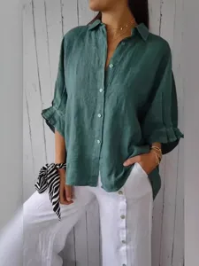 Women's Casual Long Sleeve Turn Down Collar Loose Fit Button Down Blouse Solid Color Fashion Daily Shirt