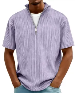 Men's purple ribbed quarter-zip short sleeve polo shirt casual knit tee for summer