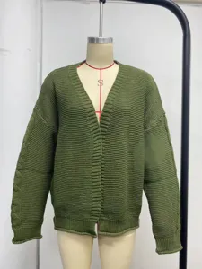 Women's autumn winter casual green knitted cardigan sweater, loose V-neck long sleeve outerwear.