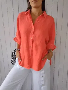 Women coral pink collared long sleeve button down shirt casual loose stylish blouse top