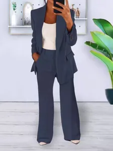 Women's dark blue blazer suit set casual elegant long sleeve jacket and wide leg trousers for office wear.