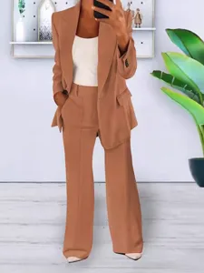 Women brown suit set blazer and trousers casual outfit spring fashion chic office attire
