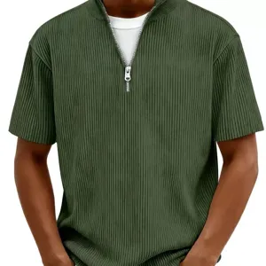 Men's Casual Solid Color Henley Zipper Short Sleeve T-Shirt Stand Collar Regular Fit Summer Knitwear Top