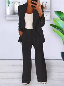 Women black blazer suit set solid color open front jacket and wide leg pants outfit