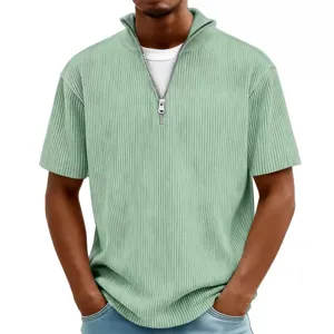 Men's casual short sleeve quarter-zip ribbed knit t-shirt solid color summer slim fit top
