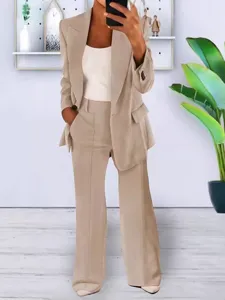 Women solid color casual blazer and wide leg pants two piece suit set for spring autumn.