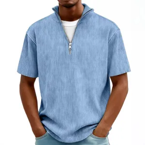 Men's casual short sleeve half zip striped t-shirt summer solid color ribbed polo shirt