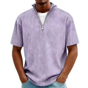 Men's short sleeve ribbed T-shirt with zipper front, casual solid color summer top for daily wear.