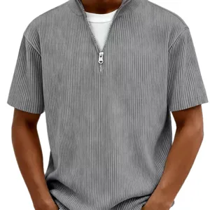 Men's solid color ribbed half-zip short sleeve knit t-shirt casual stylish summer top