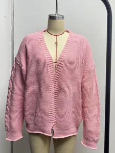Pink knitted cardigan detail, casual V-neck design with cable knit sleeves for women.