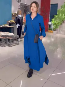 Casual loose solid color V-neck long sleeve autumn maxi dress for women comfortable daily wear
