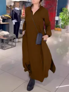 Casual solid color long sleeve V-neck maxi dress for women, loose comfortable autumn wear.