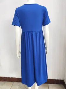 Back view of solid royal blue short sleeve round neck pleated midi dress detail display.