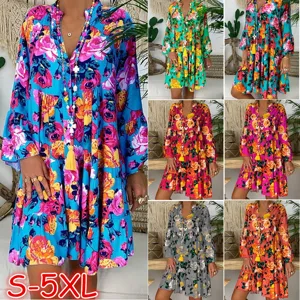 Women's Vintage Floral Print Long Sleeve Half Open Collar Midi Dress Casual Loose Swing Boho Dress Spring Summer Streetwear