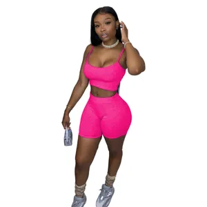 Women hot pink sleeveless crop top and bodycon shorts two-piece casual activewear set