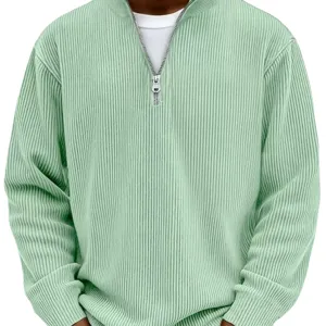 Men mint green quarter zip ribbed knit sweater casual loose long sleeve top autumn