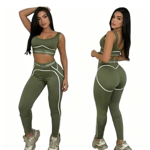 Ensemble de yoga de sport vert pour femmes fitness crop top et leggings de sport actif.