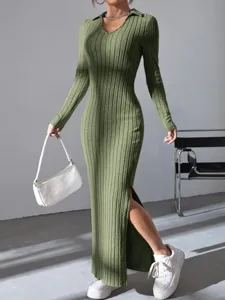 Olive green ribbed knit long sleeve maxi dress detail, featuring a chic polo collar and side slit.