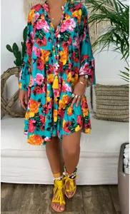 Boho floral print dress detail showcasing the vibrant turquoise fabric and long sleeves.