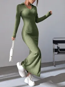 Detailed shot of women green long sleeve lapel ribbed knit maxi dress, elegant bodycon style.