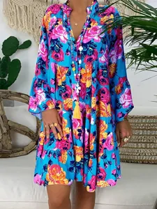 Boho floral print tiered long sleeve dress for women vintage street style spring outfit