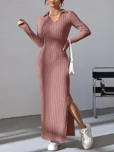 Elegant long sleeve lapel knitted maxi dress, slim fit design for autumn fashion.