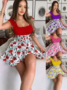 Abito Mini Estivo Casual Floreale Blocco di Colore Vita Smock Dimagrante Girocollo Senza Maniche da Donna