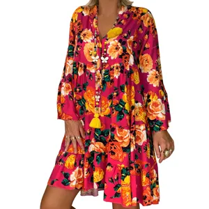 Women's Floral Print Long Sleeve Tiered Midi Dress Half Open Collar Bohemian Style Spring Streetwear