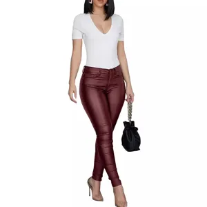 Women casual wine red PU leather skinny pants sexy slim fit long trousers for autumn