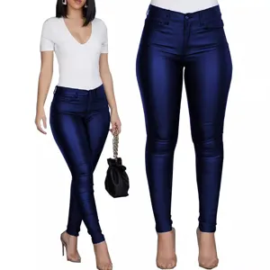 Women shiny PU leather skinny pants casual high waist long trousers for autumn and winter 2024