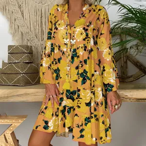 Vintage floral long sleeve tiered dress for women, boho style casual apparel.
