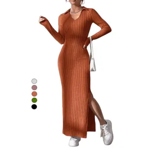 Women Elegant Knit Bodycon Maxi Dress Long Sleeve Turn Down Collar Slim Fit Casual Office Long Dress